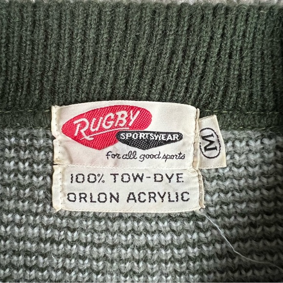 Vintage Green/White Striped Orlon Acrylic Rugby Sportswear Zip Up Cardigan, Med - Picture 5 of 9